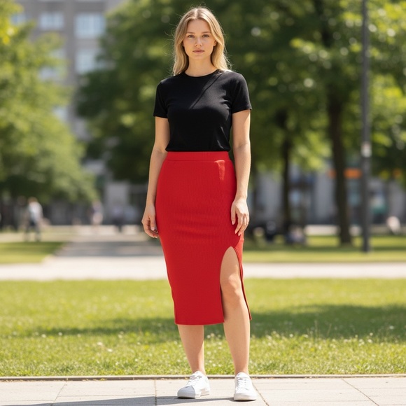 Lulu's Vibrant Red Pencil Midi Skirt Size Large - Picture 6 of 10